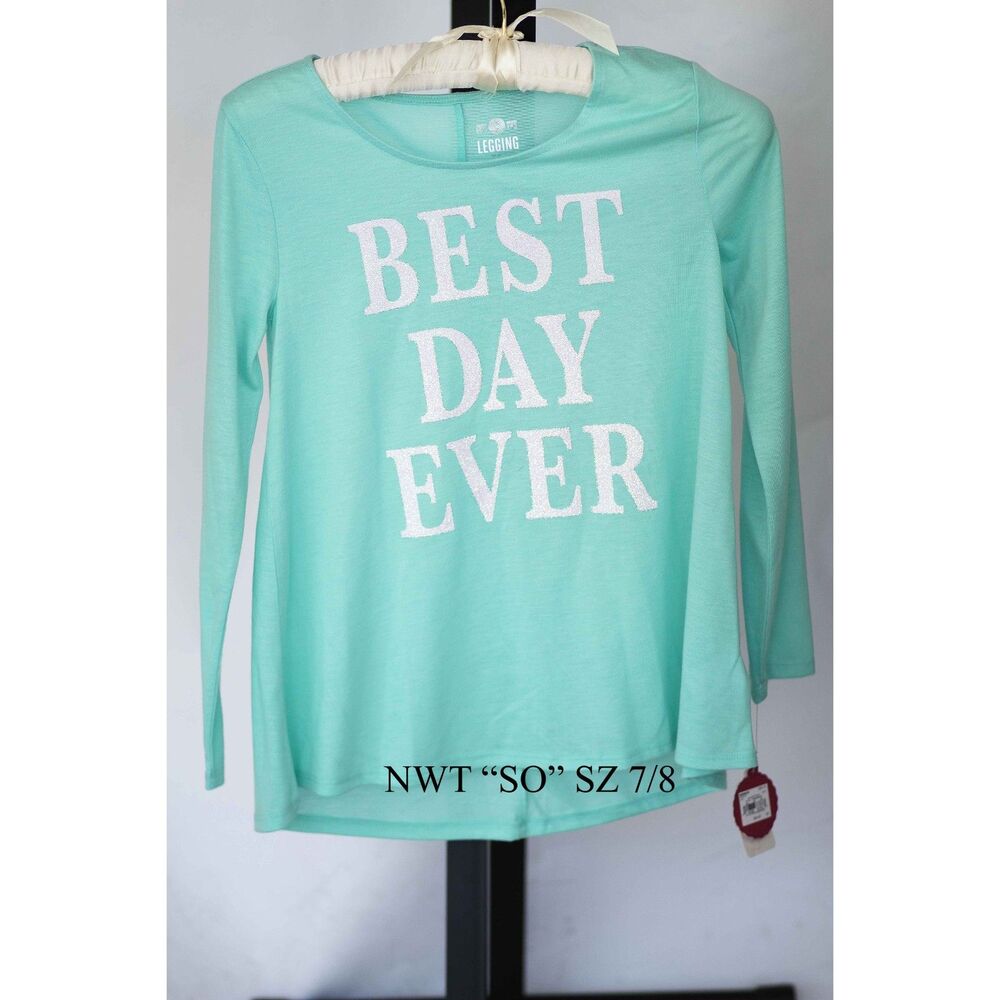 NWT SO Girls Best Day Ever Graphic Long Sleeve Shirt Mint Green Tee Size 7/8